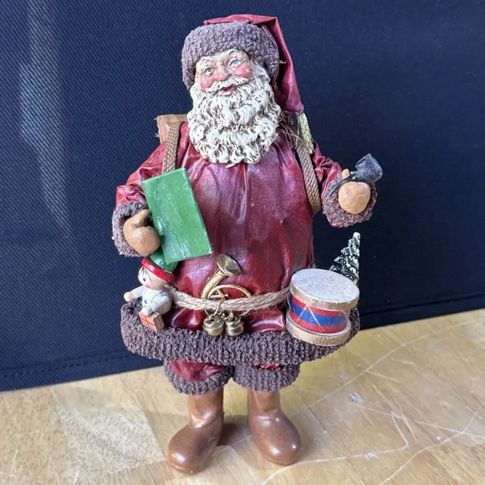 Kurt Adler Santa’s World Fabric Mache 10.5” Burgundy Santa w/ Toys & Box VTG